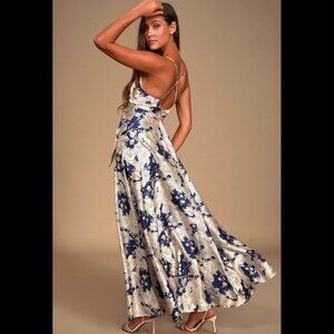 Lulu's Tea Gardens Navy Blue Floral Print Satin Maxi Dress | Medium